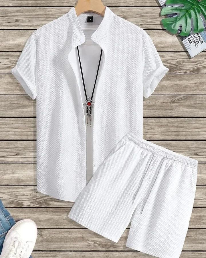 Ethereal White Ensemble Breezy Short Sleeve Shirt & Refined Shorts Combo