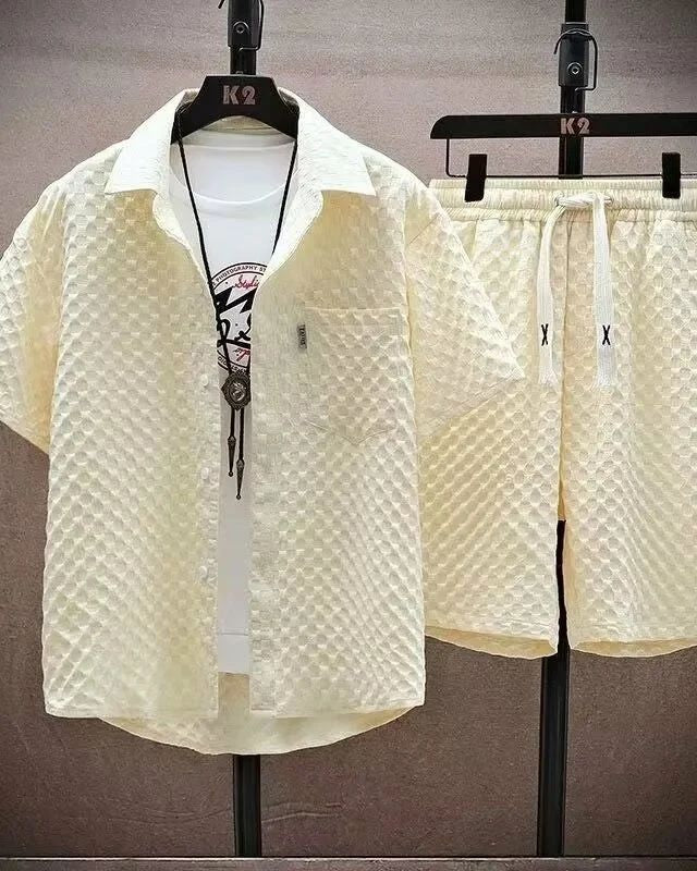 Golden Beige Short Sleeve Shirt & Tailored Shorts Set