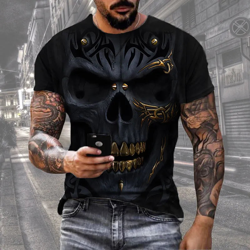 Skull Print T-Shirt Men's Casual Short Sleeve Fashion Hip Hop Street Style