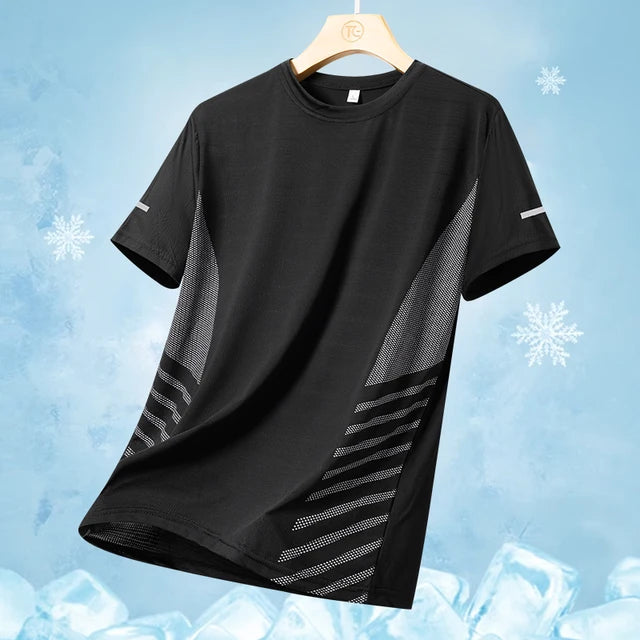 Men Summer Ice Silk Thin Top Reflective Printing Quick Dry Short Sleeve Breathable