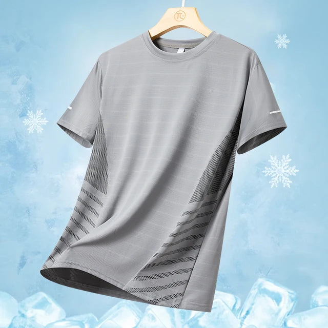 Men Summer Ice Silk Thin Top Reflective Printing Quick Dry Short Sleeve Breathable