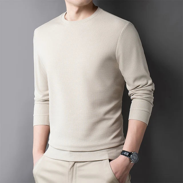 Men's Casual Waffle Round Neck Breathable Long Sleeved T-shirt