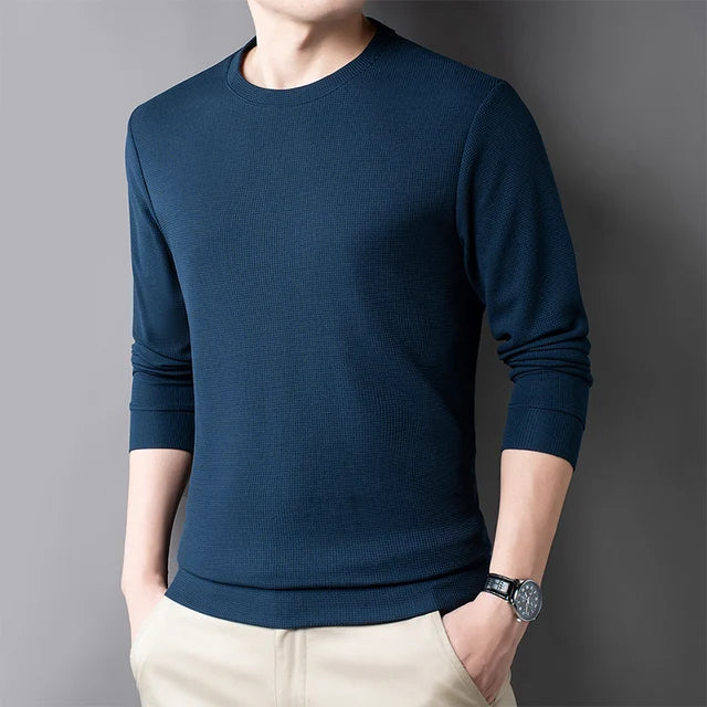 Men's Casual Waffle Round Neck Breathable Long Sleeved T-shirt