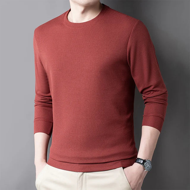 Men's Casual Waffle Round Neck Breathable Long Sleeved T-shirt