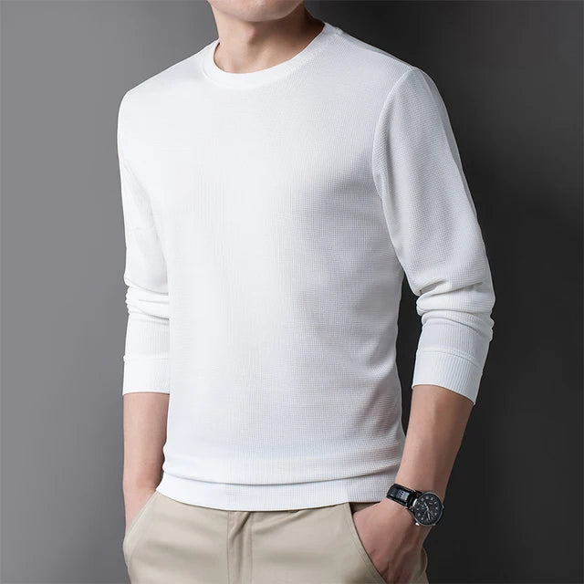 Men's Casual Waffle Round Neck Breathable Long Sleeved T-shirt