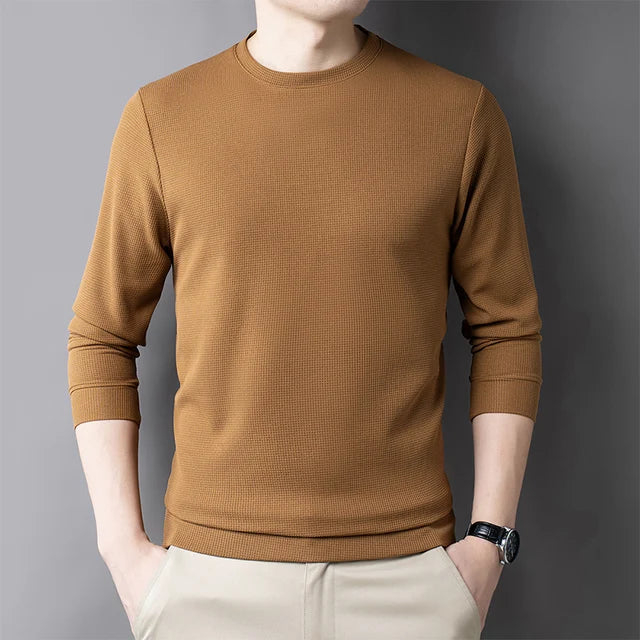 Men's Casual Waffle Round Neck Breathable Long Sleeved T-shirt