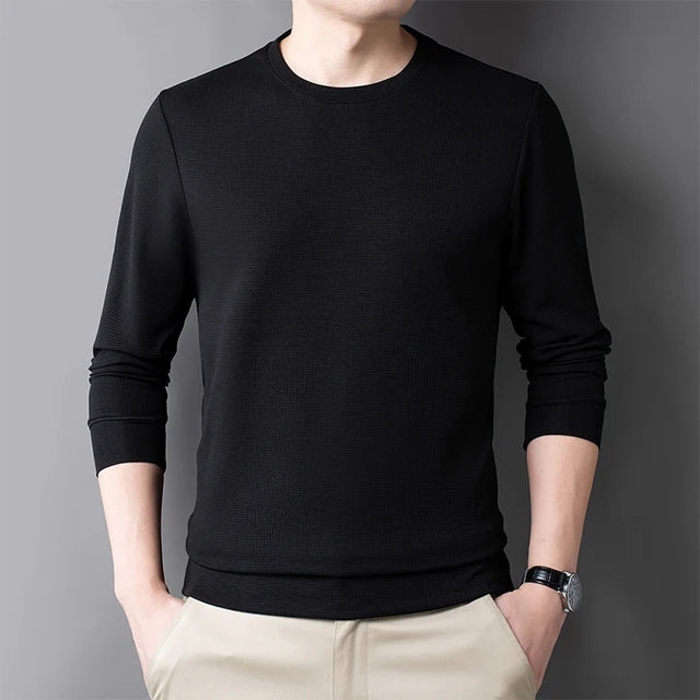 Men's Casual Waffle Round Neck Breathable Long Sleeved T-shirt