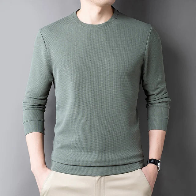 Men's Casual Waffle Round Neck Breathable Long Sleeved T-shirt