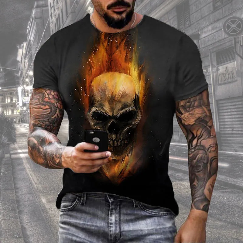 Skull Print T-Shirt Men's Casual Short Sleeve Fashion Hip Hop Street Style