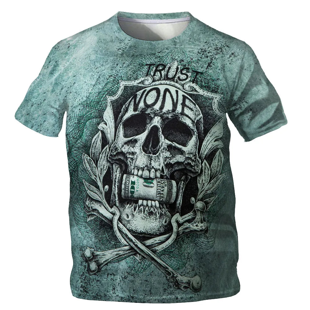 Skull Print T-Shirt Men's Casual Short Sleeve Fashion Hip Hop Street Style