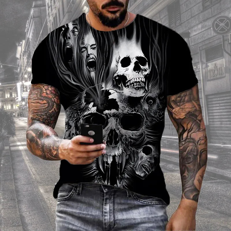 Skull Print T-Shirt Men's Casual Short Sleeve Fashion Hip Hop Street Style