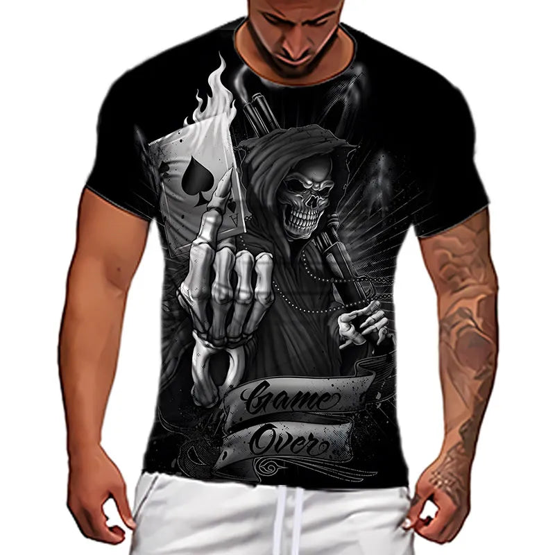 Skull Print T-Shirt Men's Casual Short Sleeve Fashion Hip Hop Street Style